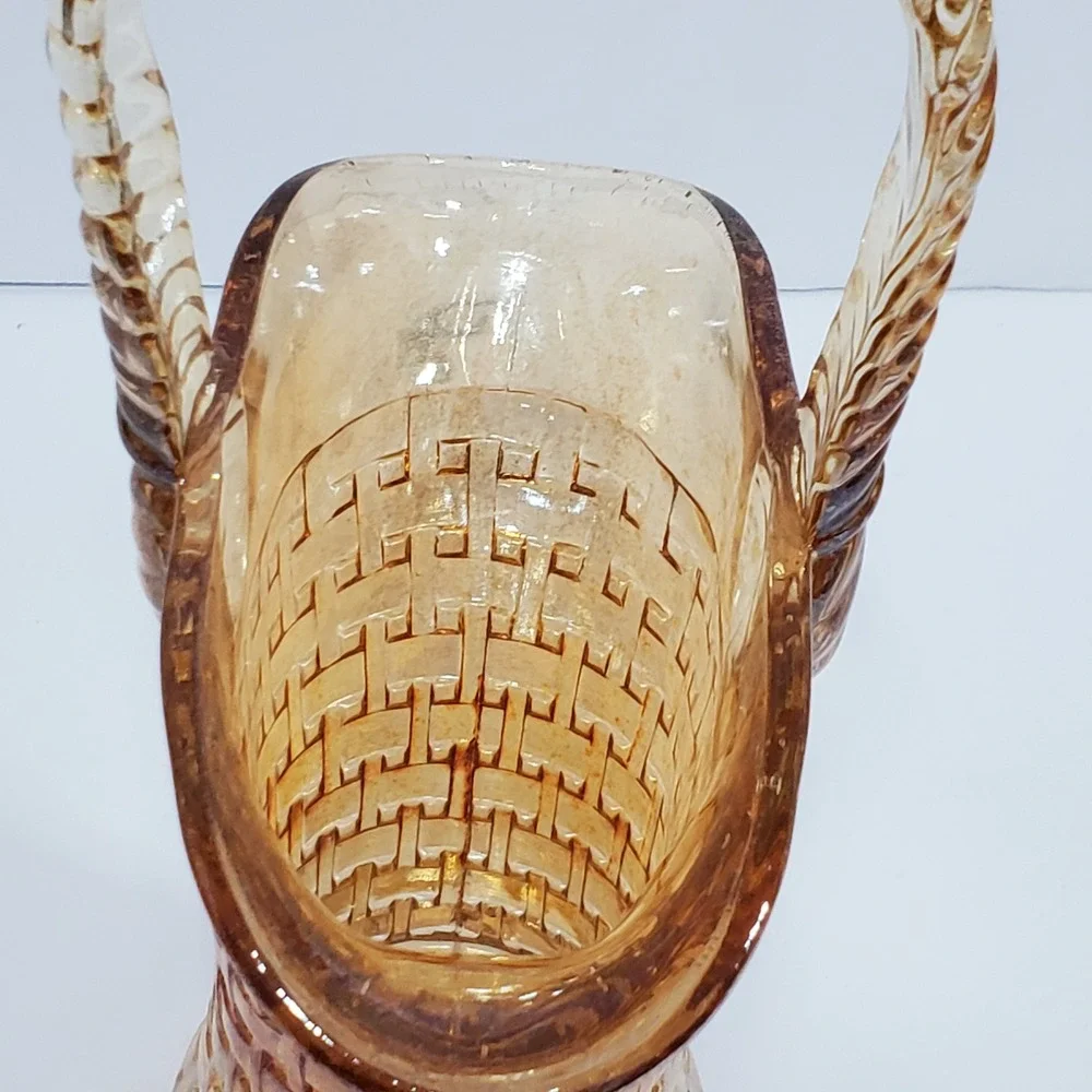 Vintage Imperial Marigold Iridescent Glass Basketweave Basket Amber Rope Handle